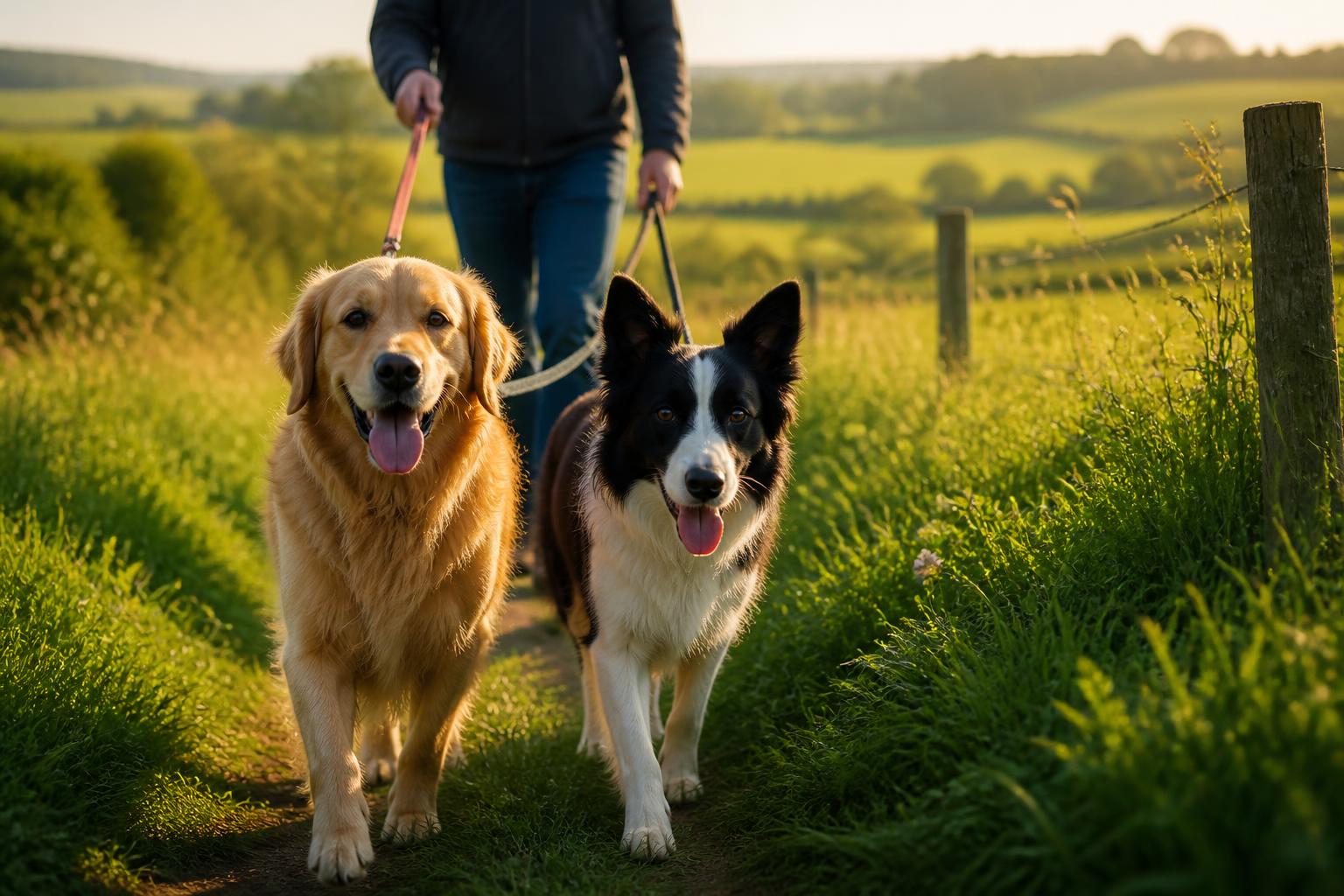 Two happy dogs being walked along a footpath in the Kent countryside